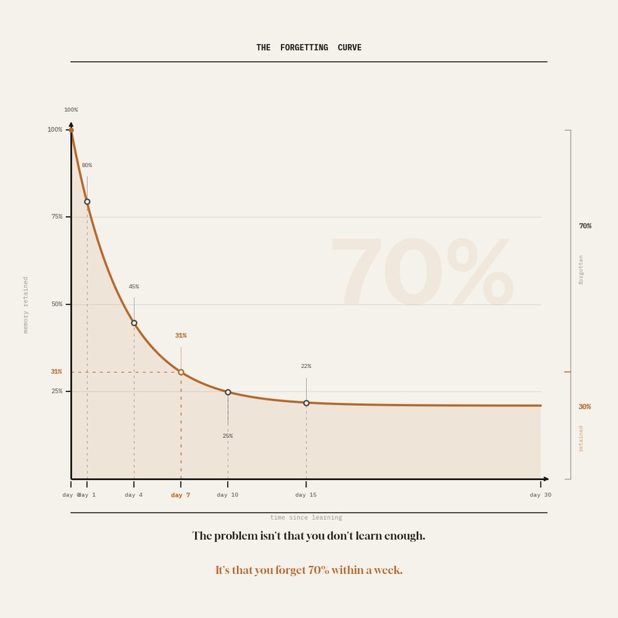 The forgetting curve: memory drops to about 31% by day 7 and ~30% retained after, without reinforcement