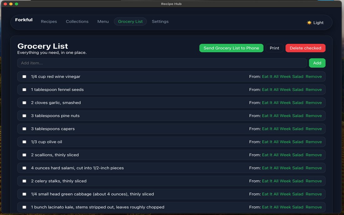 Forkful grocery list generated from selected recipes