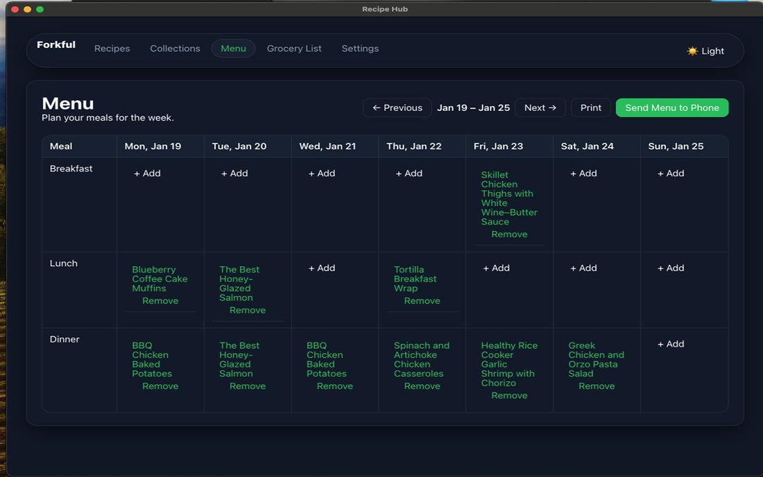 Forkful weekly menu and meal planning view