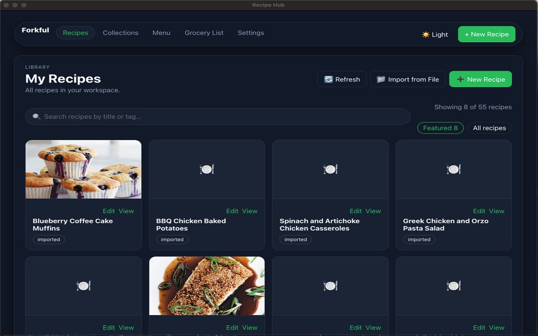 Forkful recipe library with tagged recipe cards