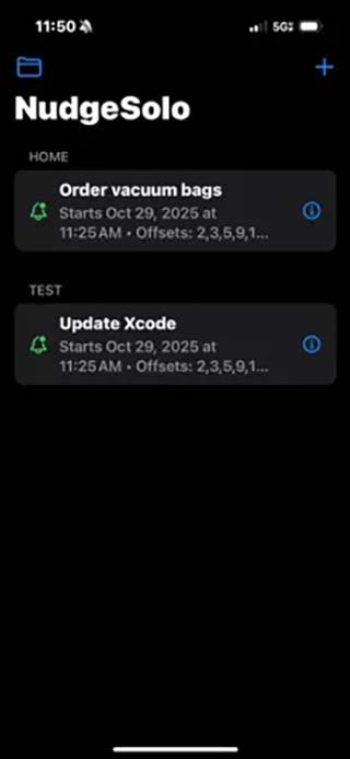 NudgeSolo mobile reminder list
