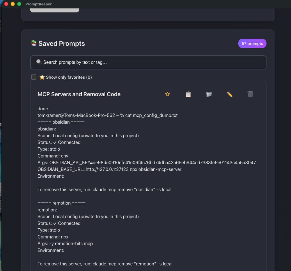 PromptKeeper showing a searchable library of saved prompts with tags